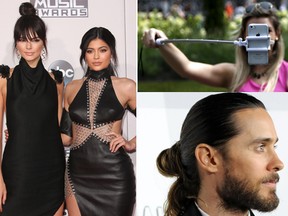 From left; Kendall and Kylie Jenner, selfie sticks Facebook and man buns as seen on Jared Leto are just a few thing that need to go in 2016.