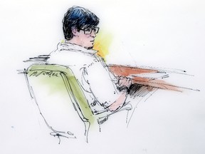 In this courtroom sketch, Enrique Marquez appears in federal court in Riverside, Calif., Monday, Dec. 21, 2015. Marquez, 24, who authorities say bought the assault rifles his friend used in the San Bernardino massacre appeared in court Monday to face terrorism-related allegations. (AP Photo/Bill Robles)