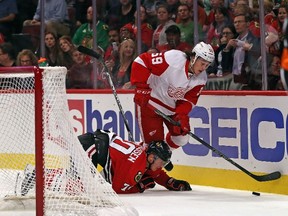 Sudbury's Tyler Bertuzzi of the Detroit Red Wings moves around Dennis Rasmussen of the Chicago Blackhawks during a preseason game at the United Center on September 22, 2015 in Chicago, Illinois.