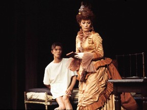 In this Sept. 17, 1980 file photo, rock star turned actor David Bowie rehearses a scene in the Broadway show "The Elephant Man" with co-star Patricia Elliott, right, in New York. Elliott, who won a Tony Award on her Broadway debut and spent 23 years aboard the TV soap opera “One Life to Live,” has died on Sunday, Dec. 20, 2015. She was 77.  (AP Photo/Marty Lederhandler, File)