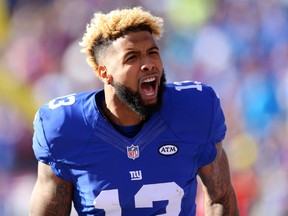New York Giants wide receiver Odell Beckham Jr. yells to the fans before a game against the Carolina Panthers at MetLife Stadium. (Brad Penner-USA TODAY Sports)