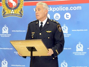 Chatham-Kent police Chief Gary Conn provides more details of a lengthy police investigation into truck thefts in Wallaceburg between August and November during a news conference on Tuesday December 22, 2015 in Wallaceburg, Ont. (Vicki Gough/Chatham Daily News/Postmedia Network)