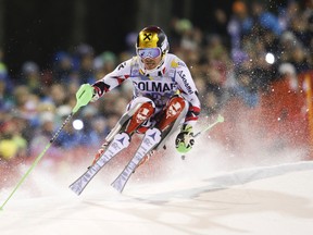 Austria's Marcel Hirscher competes during a men's World Cup slalom in Madonna Di Campiglio, Italy, on Tuesday, Dec. 22, 2015. (Shin Tanaka/AP Photo)
