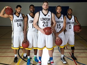 London Lightning?s starting five Kevin Loiselle, left, Warren Ward, Chad Posthumus, Garrett Williamson and Jeremy Wise. (DEREK RUTTAN, The London Free Press)