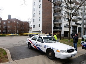 Toronto Police at 111 Raglan Ave. after a fetus was found in the parking lot Wednesday, Dec. 23, 2015. (MICHAEL PEAKE/Toronto Sun)
