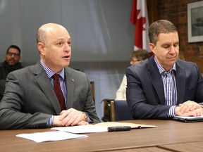 TIM MILLER/THE INTELLIGENCER
Belleville councillor Mitch Panciuk, along with  his lawyer John Mastorakos, speaks to media during a press conference at city hall on Wednesday. During the conference Panciuk announced the clearing of his name in a defamation civil suit stemming from his time on the Belleville Agricultural Society board.