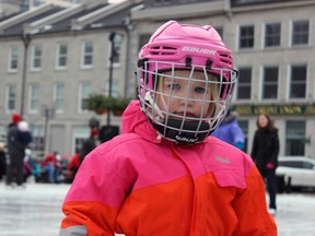 Vivian Selkirk was on her way to skating practice when her mom realized it was cancelled this week. Instead the family improvised and hit the Springer Market Square ice instead in Kingston, Ont. on Sunday December 20, 2015. Steph Crosier/Kingston Whig-Standard/Postmedia Network