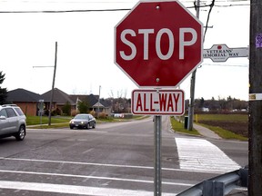 New all-way stop signs were installed this morning at the corner of Quarter Town Line and North Street (north of the Tillsonburg Soccer Park). CHRIS ABBOTT/TILLSONBURG NEWS