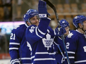 Toronto Maple Leafs forward Tyler Bozak reacts after a win over the New Jersey Devils at the Air Canada Centre on Dec. 8, 2015. (John E. Sokolowski/USA TODAY Sports)