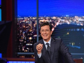 In this Sept. 9, 2015 file image released by CBS, host Stephen Colbert appears during a taping of "The Late Show with Stephen Colbert," in New York. (Jeffrey R. Staab/CBS via AP, File)