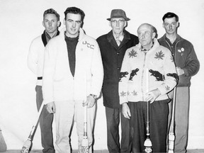 George C. Webb, Sr. stands with the winning team during one of the earlier Farm Curl bonspiels.