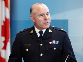 RCMP Insp. Gibson Glavin speaks to media at the RCMP "K" Division Headquarters in downtown Edmonton, AB  on Saturday, December 26, 2015  regarding the details surrounding a Christmas Day driving rampage that ended with a sexual assault suspect being shot dead by officers in Red Deer. TREVOR ROBB/Edmonton Sun/Postmedia Network