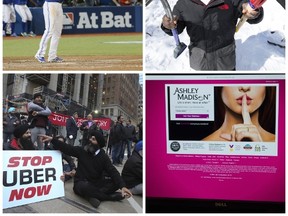 Michele Mandel's highlights and lowlights of 2015 include (clockwise from top left) Jose Bautista and the Toronto Blue Jays playoff run, York University tunnel digger Elton McDonald, the taxi protest against Uber and the Ashley Madison's client list being released to the world.