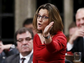 Canada's International Trade Minister Chrystia Freeland speaks during Question Period in the House of Commons on Parliament Hill in Ottawa, Canada, December 7 , 2015. REUTERS/Chris Wattie