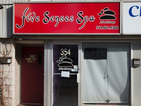 The unlicensed Five Senses Spa body-rub parlour on Wellington Street is closed. (CRAIG GLOVER, The London Free Press)