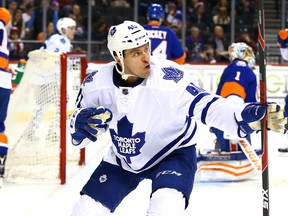 Toronto Maple Leafs right wing Michael Grabner (40) reacts after scoring a second period goal against the New York Islanders at Barclays Center. Andy Marlin-USA TODAY Sports