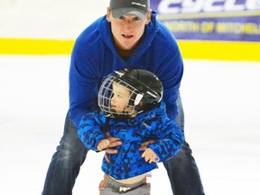 After only three weeks of skating, Liam Chessell is already pretty confident on the ice, even though he still needed a little support from his dad Dave during the Perth Care for Kids Skate and Play event held earlier in December. GALEN SIMMONS/MITCHELL ADVOCATE