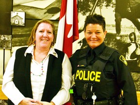 West Perth Ontario Provincial Police (OPP) school liaison officer Jan Weeden (right) posed for a photo with Upper Thames Elementary School (UTES) principal Paula Robinson on Weeden's last day at the school before retiring from the Perth County OPP Dec. 18. GALEN SIMMONS/MITCHELL ADVOCATE