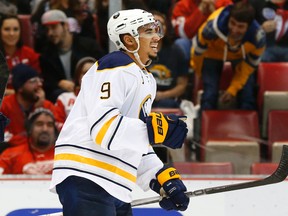 Buffalo Sabres left wing Evander Kane (9) celebrates his goal against the Detroit Red Wings in the first period of an NHL hockey game Tuesday, Dec. 1, 2015 in Detroit. (AP Photo/Paul Sancya)