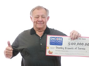 Lottery lightning struck twice for Sarnia's Stanley Krawetz. He picked up $100,000 from the Ontario Lottery and Gaming Corporation's prize centre in Toronto, after winning the Encore on the Dec. 11 Lotto Max Draw. A decade ago, the Sarnia man won a $250,000 lottery prize. Handout/Sarnia Observer/Postmedia Network