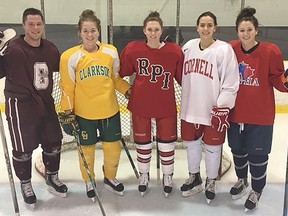 Local hockey products currently playing college hockey in the U.S. gathered recently for a Christmas workout at Wally Dever Arena. From left: Darcy Murphy, Cassidy Vinkle, Laura Horwood, Hanna Bunton and Megan Quinn. (Submitted photo)