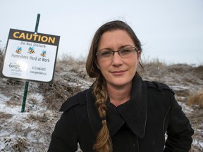 Marianne Gee, owner of Gees Bees Honey Company, at the corner of Huntmar Dr. and Campeau Dr. where her two bee hives were stolen some time during the Christmas holidays. About 20,000 bees were taken.