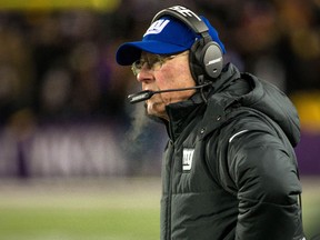 Giants head coach Tom Coughlin looks on during second quarter NFL action against the Vikings in Minneapolis on Sunday, Dec. 27, 2015. (Brace Hemmelgarn/USA TODAY Sports)