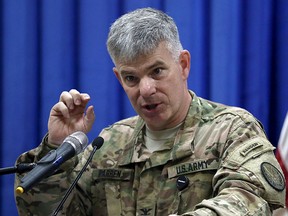 Col. Steve Warren, the spokesman for the U.S.-led coalition in Iraq, speaks to reporters during a news conference at the U.S. Embassy in the heavily fortified Green Zone in Baghdad, Iraq, Oct. 1, 2015. REUTERS FILE/Khalid Mohammed/Pool