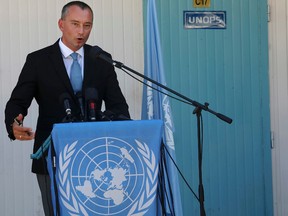United Nations Special Co-ordinator for the Middle East Peace Process Nickolay Mladenov talks during his a news conference in Gaza City in September. The UN’s Mideast envoy has given a rare upbeat assessment in the Gaza Strip, saying that post-war reconstruction is speeding up. Thousands of homes were destroyed or damaged in the 50 days of fighting between Israel and the Hamas militant group last summer.