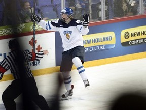 Finland's Patrik Laine celebrates his goal during the 2016 World Junior Championship in a game against Finland in Helsinki on Dec. 28, 2015. (Heikki Saukkomaa/Lehtikuva via AP)
