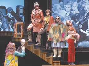 John Phillips, played by Isaac Bell, Denny Doherty (Robert Markus), Cass Elliott (Lili Connor) and Michelle Phillips (Katie Ryerson) stage a scene from Dream A Little Dream: The Nearly True Story of The Mamas and The Papas at the Grand Theatre. (CRAIG GLOVER, The London Free Press)