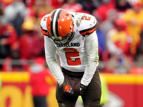 Cleveland Browns quarterback Johnny Manziel reacts to an incomplete pass during the second half of an NFL football game against the Kansas City Chiefs in Kansas City on Dec. 27, 2015. (AP Photo/Charlie Riedel)