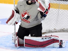 Canada’s Mackenzie Blackwood keeps his eye on the puck during practice at the World Junior Championship in Helsinki, Finland, on Wednesday, December 30, 2015. (THE CANADIAN PRESS/Sean Kilpatrick)