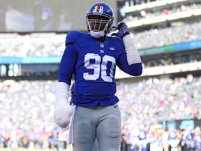 New York Giants defensive end Jason Pierre-Paul during warmups before a game against the New York Jets at MetLife Stadium on Dec. 6, 2015. (Brad Penner/USA TODAY Sports)