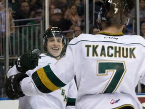 London Knights forward Mitch Marner, seen here celebrating a goal against Windsor Dec. 4, torched the Sarnia Sting for 10 goals and 24 points in just six head-to-head Ontario Hockey League games last season. The Sting, though, won't have to deal with Marner when the two clubs meet for the first time this season Thursday in London as Marner is at the world junior championships. (CRAIG GLOVER, Postmedia Network)