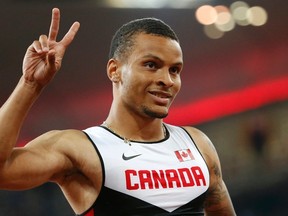 Andre De Grasse of Canada reacts after the men’s 100-metre final at the IAAF World Championships in Beijing, China August 23, 2015.  (REUTERS/Lucy Nicholson)