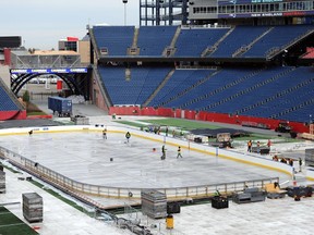 A view of Gillette Stadium while workers prepare the rink in advance of the Winter Classic. (Bob DeChiara-USA TODAY Sports)