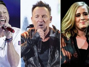 Bruce Springsteen of Bruce Springsteen & The E Street Band, left, Chris Martin of Coldplay, centre, and Adele top our entertainment reporter Jane Stevenson's tours to look forward to in the new year. (WENN.COM photos)