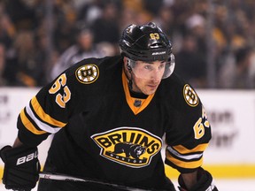 Boston Bruins left wing Brad Marchand (63) gets set for a face off during the third period against the New Jersey Devils at TD Garden. Bob DeChiara-USA TODAY Sports