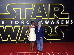 George Lucas and wife Mellody Hobson attend the European premiere of "Star Wars: The Force Awakens" at Leicester Square, London, Dec. 16, 2015. (Dave Bedrosian/Future Image/WENN.COM)