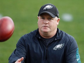 Philadelphia Eagles head coach Chip Kelly catches a pass at the team’s practice facility, Tuesday, Dec. 15, 2015, in Philadelphia. (AP Photo/Matt Rourke)