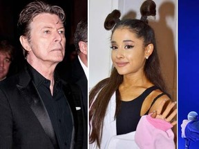 David Bowie, left, Ariana Grande, centre, and Damon Albarn all have albums that top our entertainment reporter Darryl Sterdan's list of the most-anticipated albums of 2016. (WENN.COM photos)