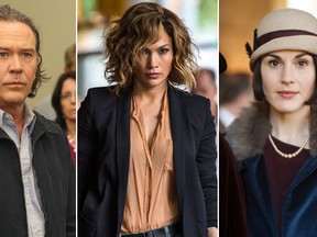 Timothy Hutton, left, in a scene from "American Crime," Jennifer Lopez, centre, on the film set of "Shades of Blue," and  Michelle Dockery in "Downton Abbey." (Ryan Green/ABC, WENN.COM and Nick Briggs/PBS photos)