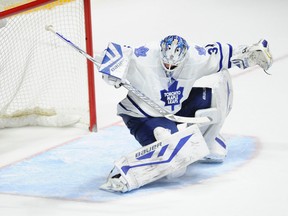 Toronto Maple Leafs goalie James Reimer makes a save during the shootout against the Nashville Predators at Bridgestone Arena in Nashville on Nov. 12, 2015. (Christopher Hanewinckel/USA TODAY Sports)