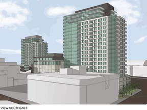 A view from the southeast of the proposed apartment complex at 18 Queen Street and 282 Ontario St.