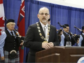 Jason Miller/The Intelligencer
Mayor Taso Christopher underscores the successes of 2015 and goals for 2016 during his public address at the New Year's Civic Levee hosted at the sports centre on Friday.
