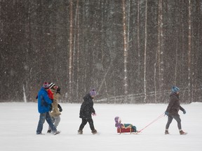 Lindsay Farr, pulling her daughter Islay Whitehead, 1 leads the Farr family for a snowy walk in London. The family, all avid skiers were heading towards Boler Mountain to watch the snow making that was running hard today. (MIKE HENSEN, The London Free Press)