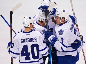 Toronto Maple Leafs defenceman Dion Phaneuf celebrates his goal against the Pittsburgh Penguins in Pittsburgh on Dec. 30, 2015. (AP Photo/Gene J. Puskar)