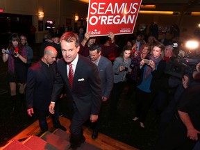 Seamus O'Regan takes to the stage at the Delta Hotel, in downtown St. John's, following his win in the district of St. John's South on Oct. 19, 2015. (The Canadian Press/Paul Daly)