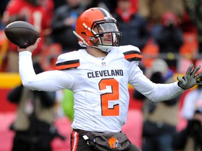 In this Dec. 27, 2015, file photo, Cleveland Browns quarterback Johnny Manziel (2) throws during the first half of an NFL football game against the Kansas City Chiefs in Kansas City, Mo. The Browns are not commenting on a report that Manziel went to Las Vegas on the day before the season finale. (AP Photo/Ed Zurga, File)